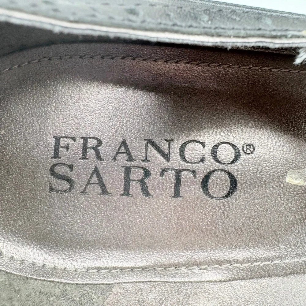 Franco Sarto Black Leather Peep Toe Wedge Mary Jane‎ Heels Brogue Detail Size 9M